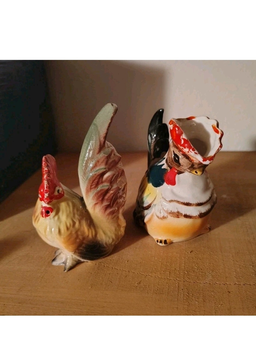 Hand-Painted Ceramic Rooster Figurines - Yellow and Multicolor